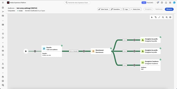 Un exemple de workflow de composition s’affiche dans la composition d’audiences fédérées.