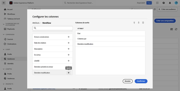 Une liste des colonnes disponibles que vous pouvez ajouter à la page de navigation des compositions s’affiche.