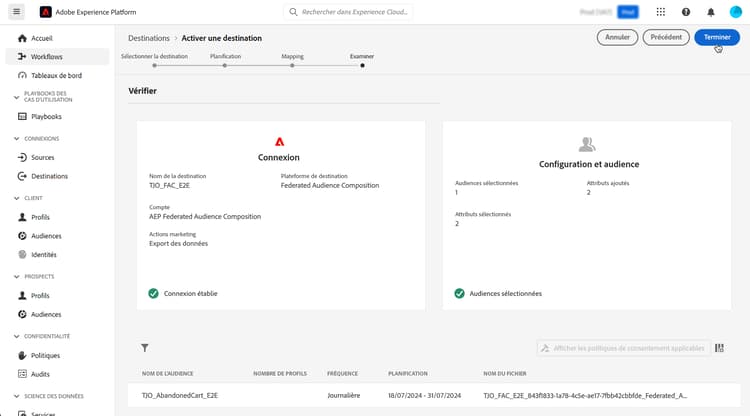 La page de vérification de la destination s’affiche.