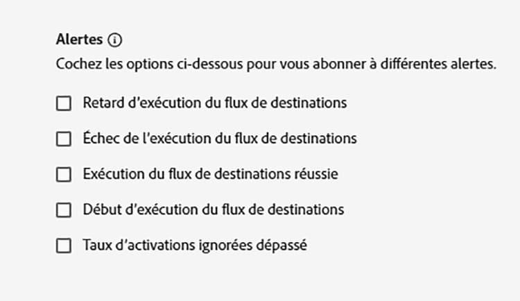 Les alertes disponibles pour la destination s’affichent.