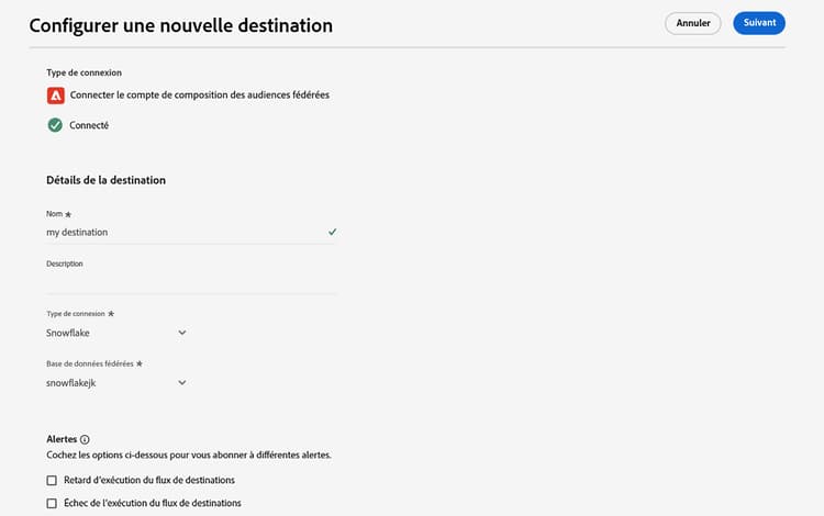 La page Configurer une nouvelle destination s’affiche et indique les détails à ajouter pour créer la destination.