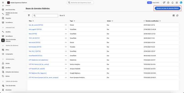 Le bouton Ajouter une base de données fédérée est mis en surbrillance dans la page d’affichage de la base de données fédérée.