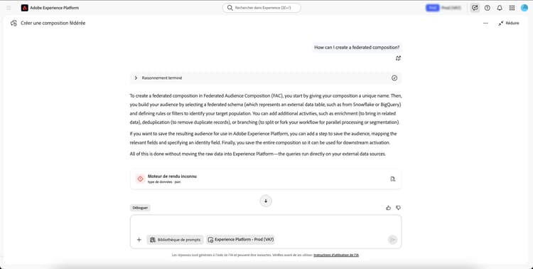 Un exemple de question et de réponse dans l’assistant AI s’affiche.