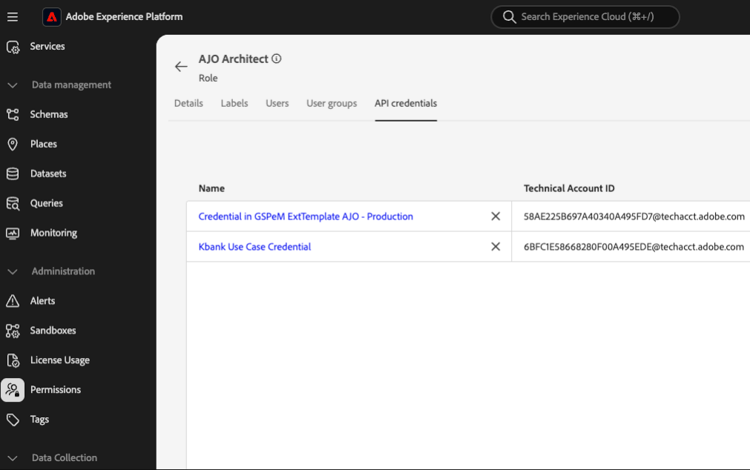 Informations d’identification d’API affectées au rôle Architecte AJO dans les autorisations Adobe Experience Platform