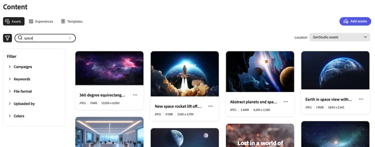 Vue Assets avec recherche sur l’espace