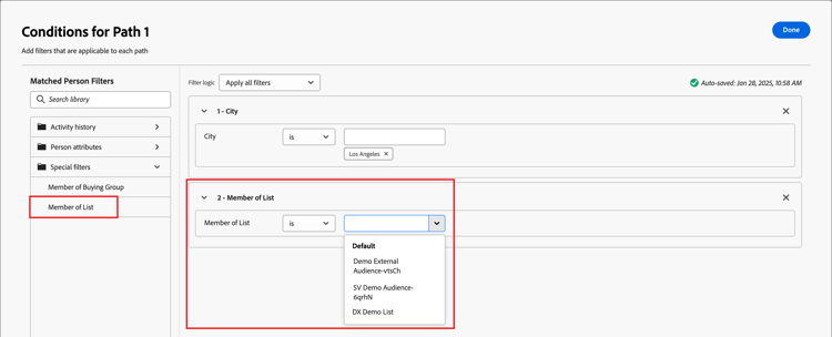 Condition de partage du chemin par personnes pour l’appartenance à la liste Marketo Engage