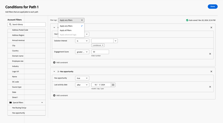 Noeud de chemin de division - conditions comptes filtre la logique