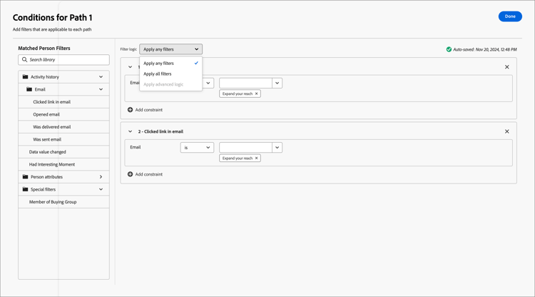 Noeud de chemin de division - logique de filtre de personne de conditions