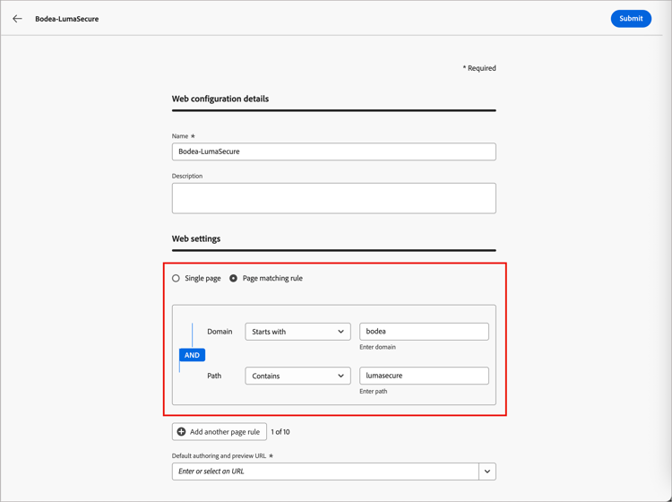 Définir une règle de correspondance de pages pour une configuration de canal web