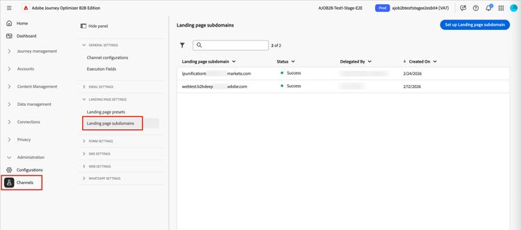 Configurations de canal - Sous-domaines de page de destination