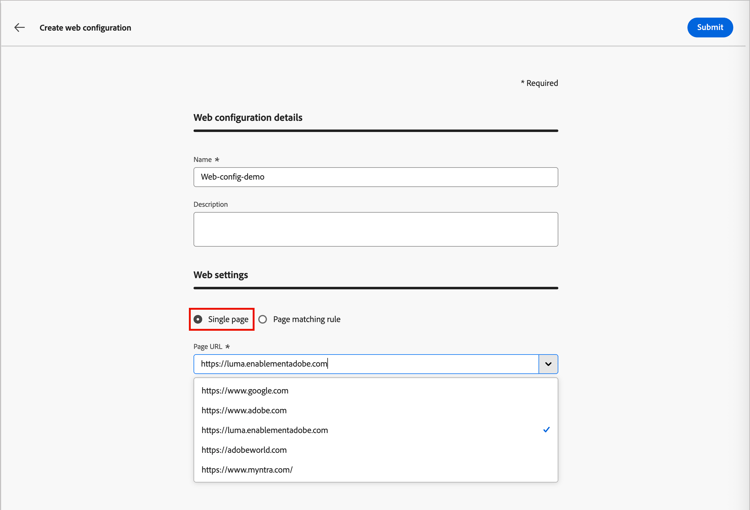 Sélection d’une URL de page pour une configuration de canal web monopage