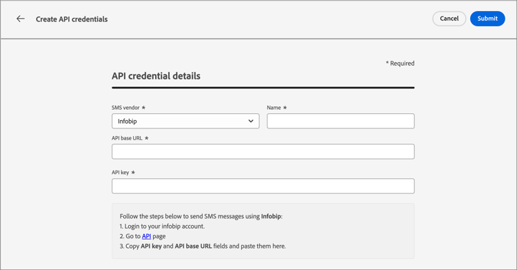 Configuration des informations d’identification de l’API SMS Infobip