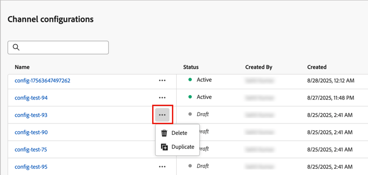 Cliquez sur l’icône plus de menu pour dupliquer une configuration de canal web existante