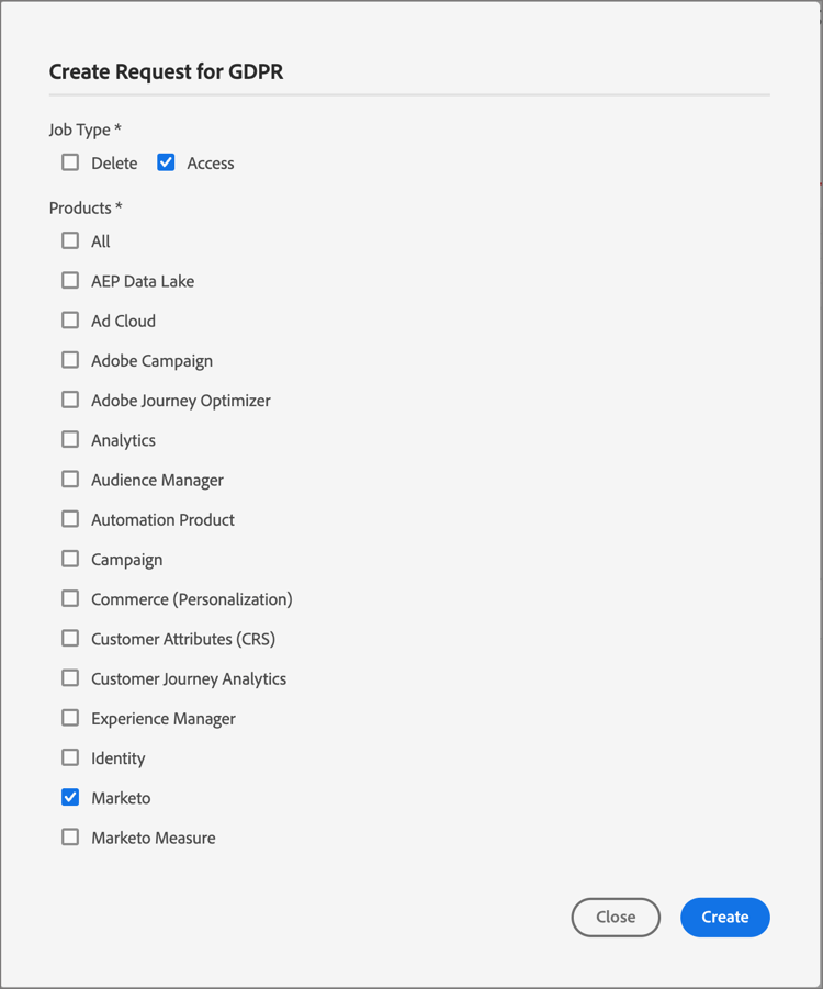 Créer une demande d’accès à des informations personnelles en vertu du RGPD pour Marketo Engage et Journey Optimizer B2B edition