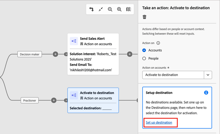 nœud de Parcours - agir sur les comptes - activer vers la destination - configurer la destination