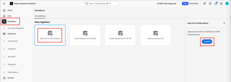 Option de workflow Mapper un fichier CSV à un schéma XDM