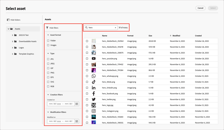Utilisez les filtres et le champ de recherche pour trouver la ressource dont vous avez besoin