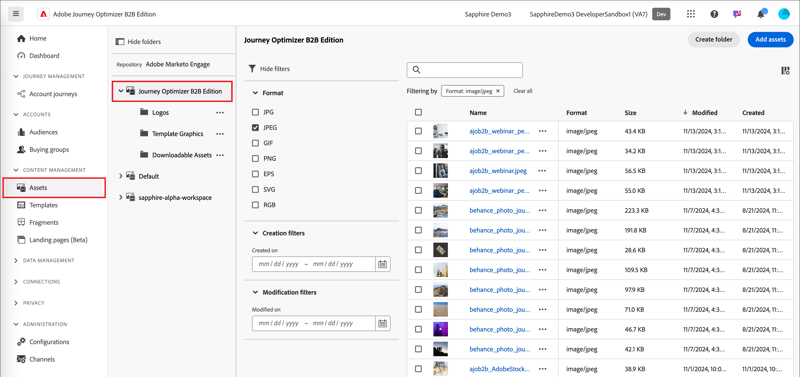 Parcourir les ressources dans l’espace de travail Journey Optimizer B2B edition