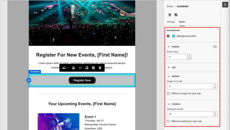 Styles des composants de contenu de conteneur