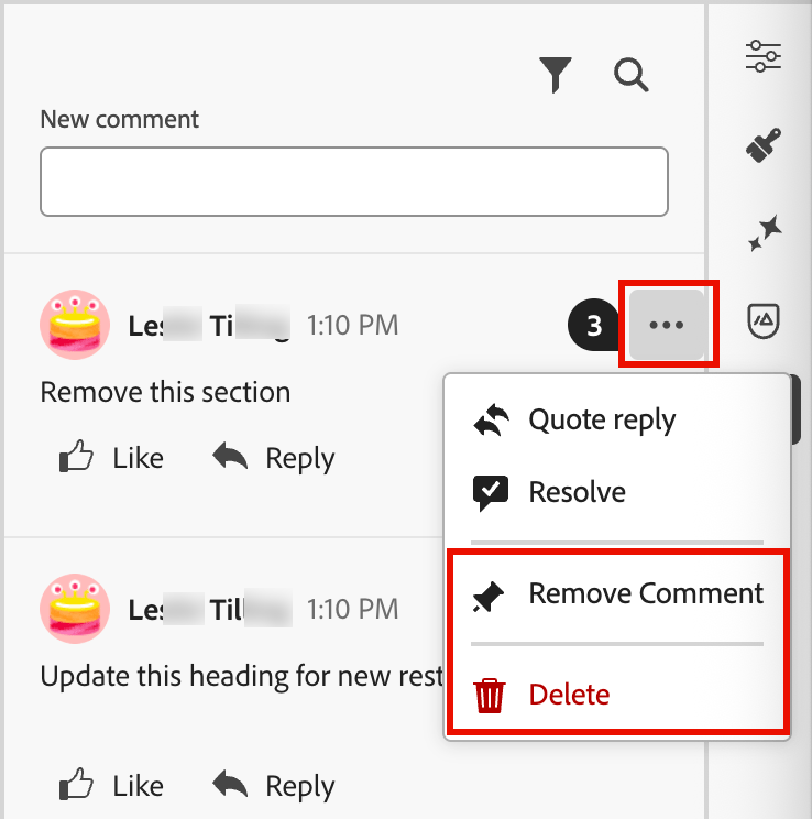 Autres options de menu pour supprimer un commentaire dans le panneau de collaboration par e-mail