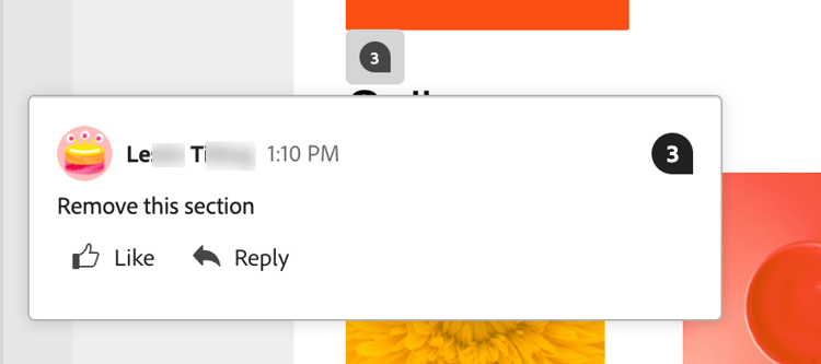 Zone de travail d’e-mail affichant une épingle de commentaire numérotée pour la collaboration et les commentaires dans l’éditeur