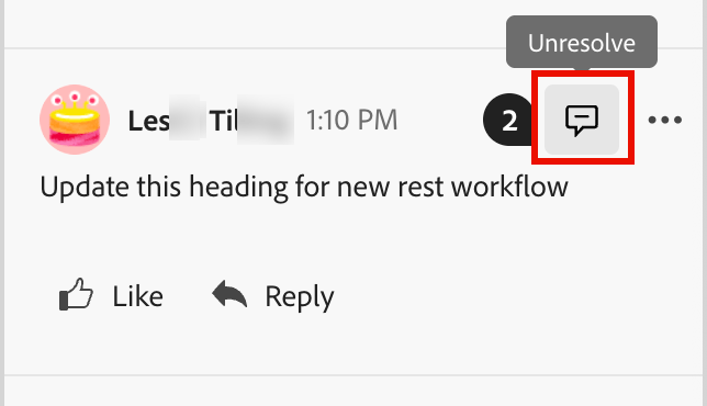 Icône Non résolu pour marquer les commentaires ou les threads comme non résolus dans le filtre des commentaires d’e-mail