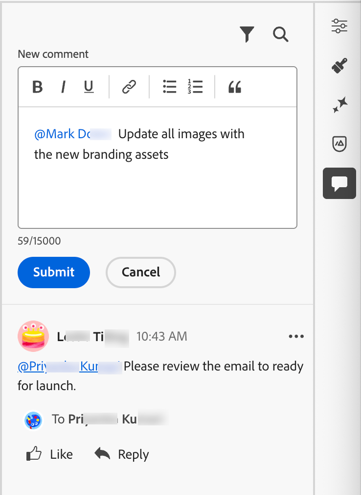 Champ commentaire général dans le panneau Collaboration pour les commentaires par e-mail et le balisage utilisateur