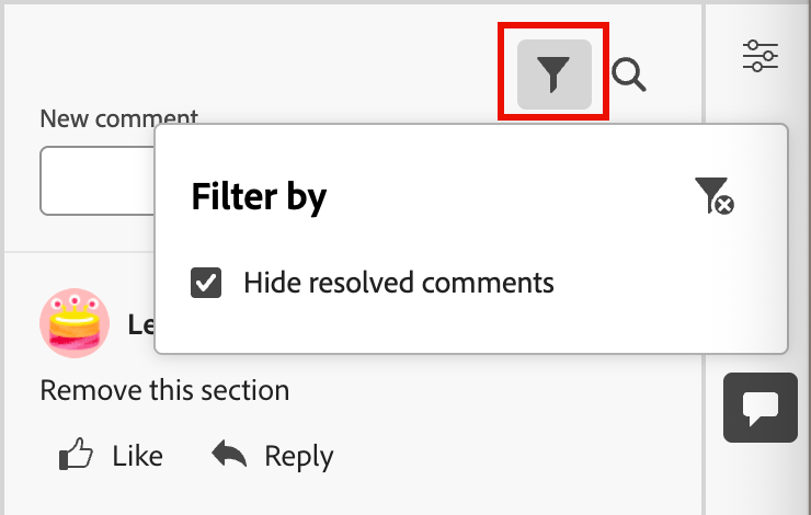 Collaboration affichant un filtre pour afficher les commentaires d’e-mail résolus