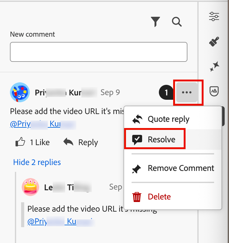 Autres options de menu pour résoudre un commentaire dans les threads de collaboration par e-mail