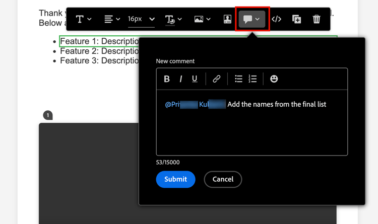 dans la barre d’outils de l’éditeur d’email pour ajouter des commentaires spécifiques au composant