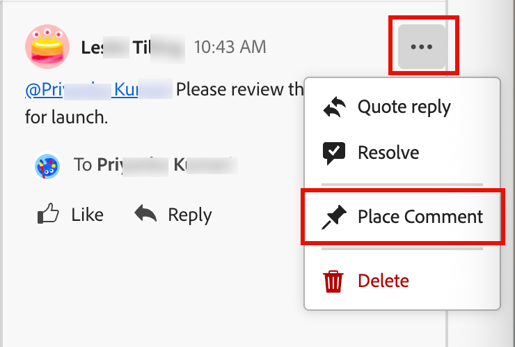 Menu Plus affichant Placer le commentaire dans l’interface de collaboration par e-mail