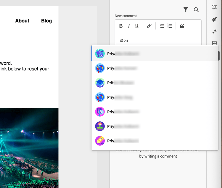 Liste contextuelle affichant les utilisateurs identifiés lors de l’ajout de commentaires pour les commentaires et les notifications par e-mail