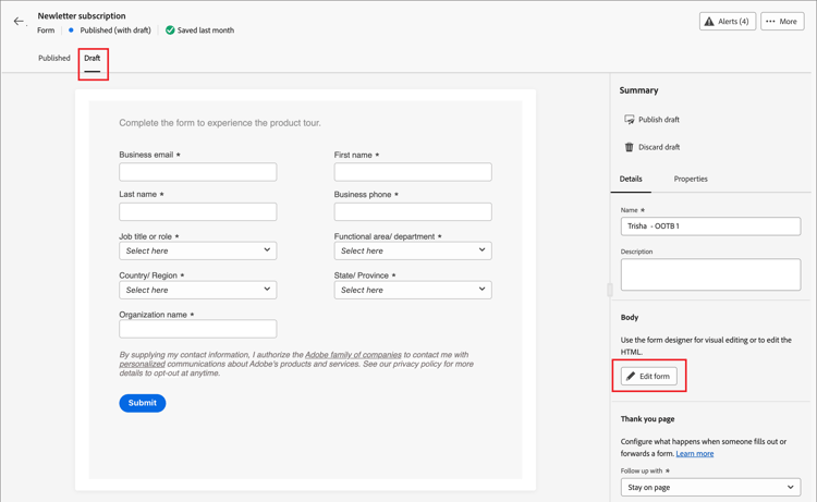 Modifier à partir de la version brouillon