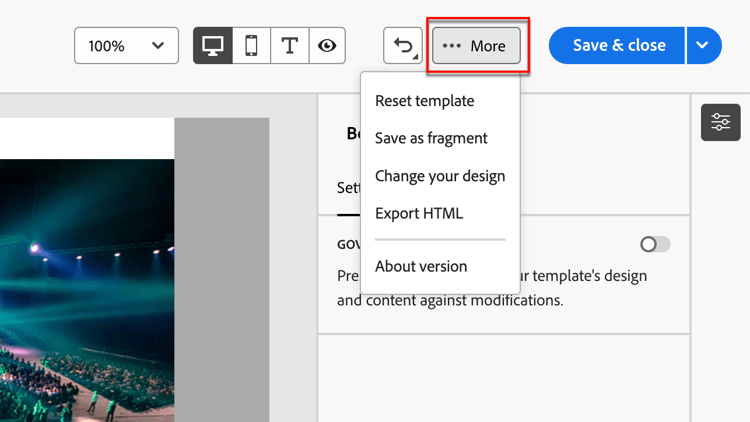 Cliquez sur Plus pour accéder aux actions de modèle