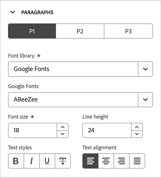 Styles de texte de paragraphe pour le type P1