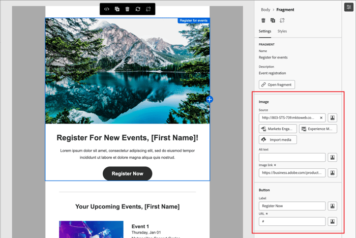 Modifier les paramètres du composant de fragment