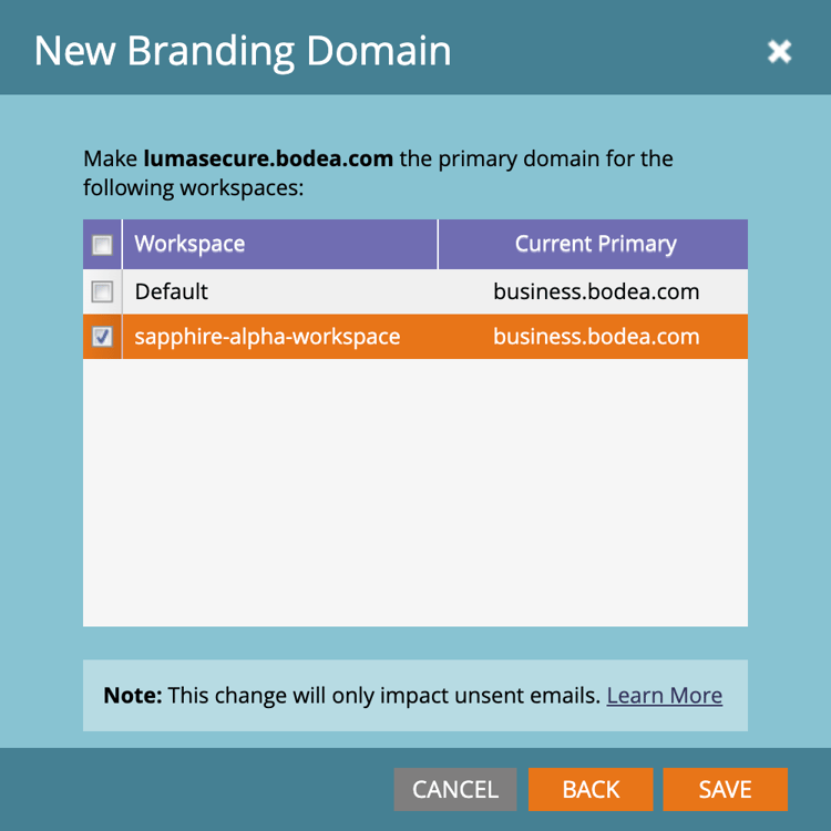 Boîte de dialogue Nouveau domaine de branding avec sélection de l’espace de travail pour appliquer le domaine principal