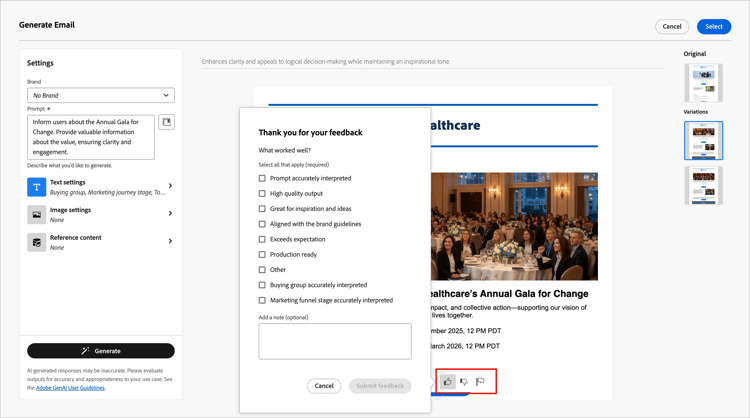 Assistant AI - Prévisualiser les variations générées