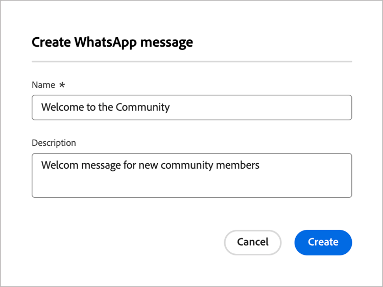 Boîte de dialogue Créer un message WhatsApp
