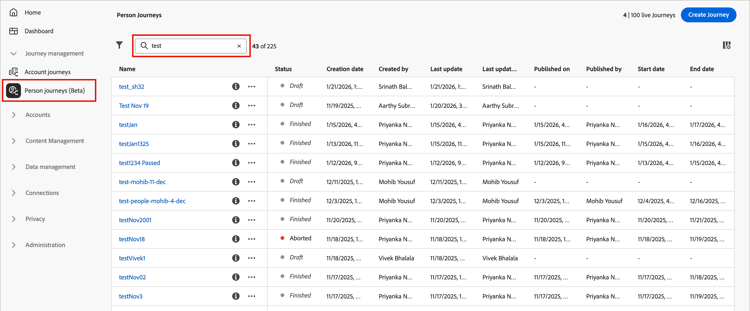 Filtrer la liste des parcours de personne