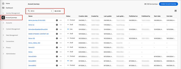 Filtrage de la liste des parcours de compte