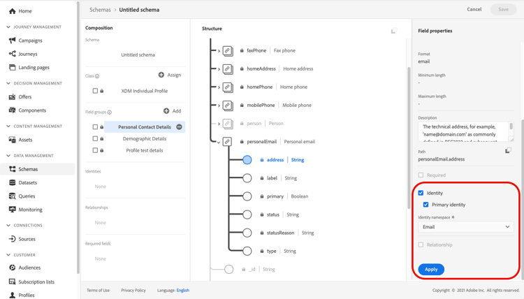 Panneau Propriétés du champ avec les options Identité et Identité du Principal