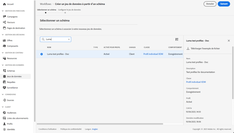 Écran de sélection des schémas pour la création de jeux de données