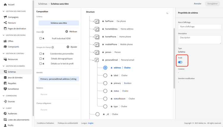 Volet Propriétés du schéma avec l’option Profil activée