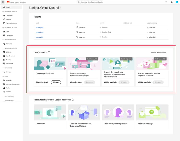 Carte de cas d’utilisation des profils de test sur la page d’accueil