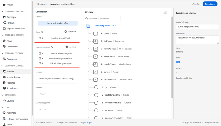 Présentation du schéma avec la liste des groupes de champs