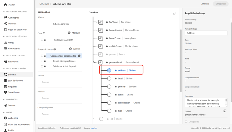 Liste des champs de schéma pour la sélection de l’identité principale