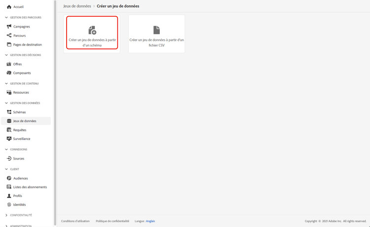 Option Créer un jeu de données à partir d’un schéma
