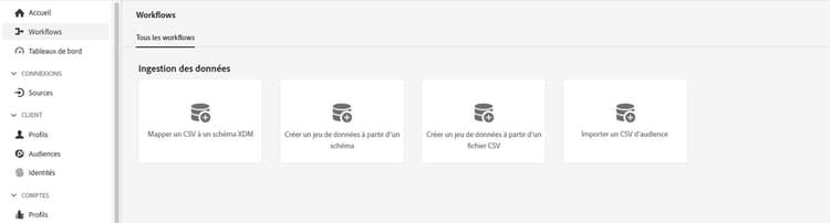 Menu Workflows dans Adobe Experience Platform