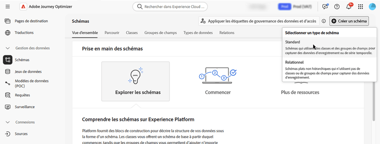 Menu Schémas avec le bouton Créer un schéma